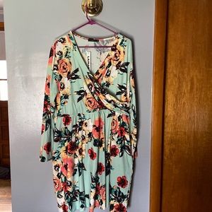 Mint background with flowers mock wrap dress